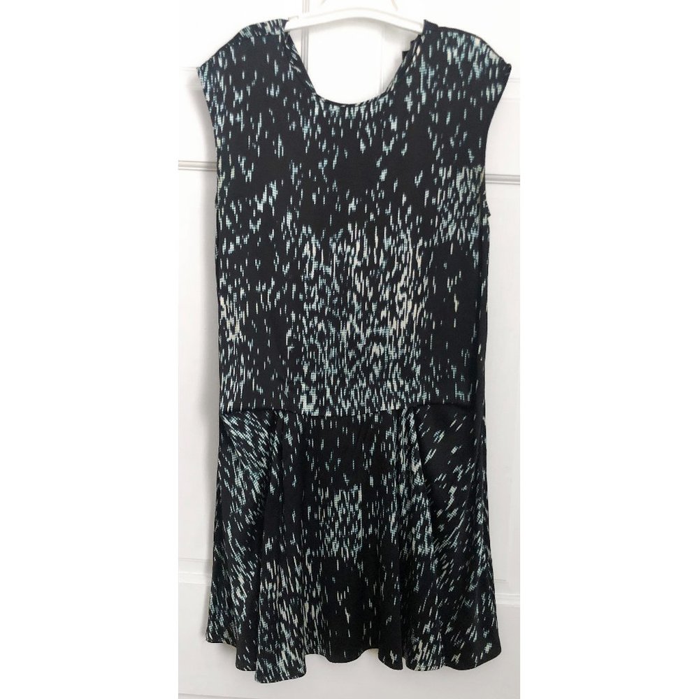 Theory Silk Dress Black Blue White Sleeveless Short Snap Waterfall Flowy Print 2